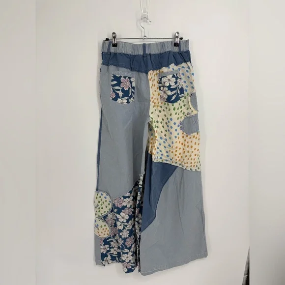 Easel Patch Me If You Can Patchwork Paradise Wide Leg Pants in Blue and Cream - Picture 7 of 12